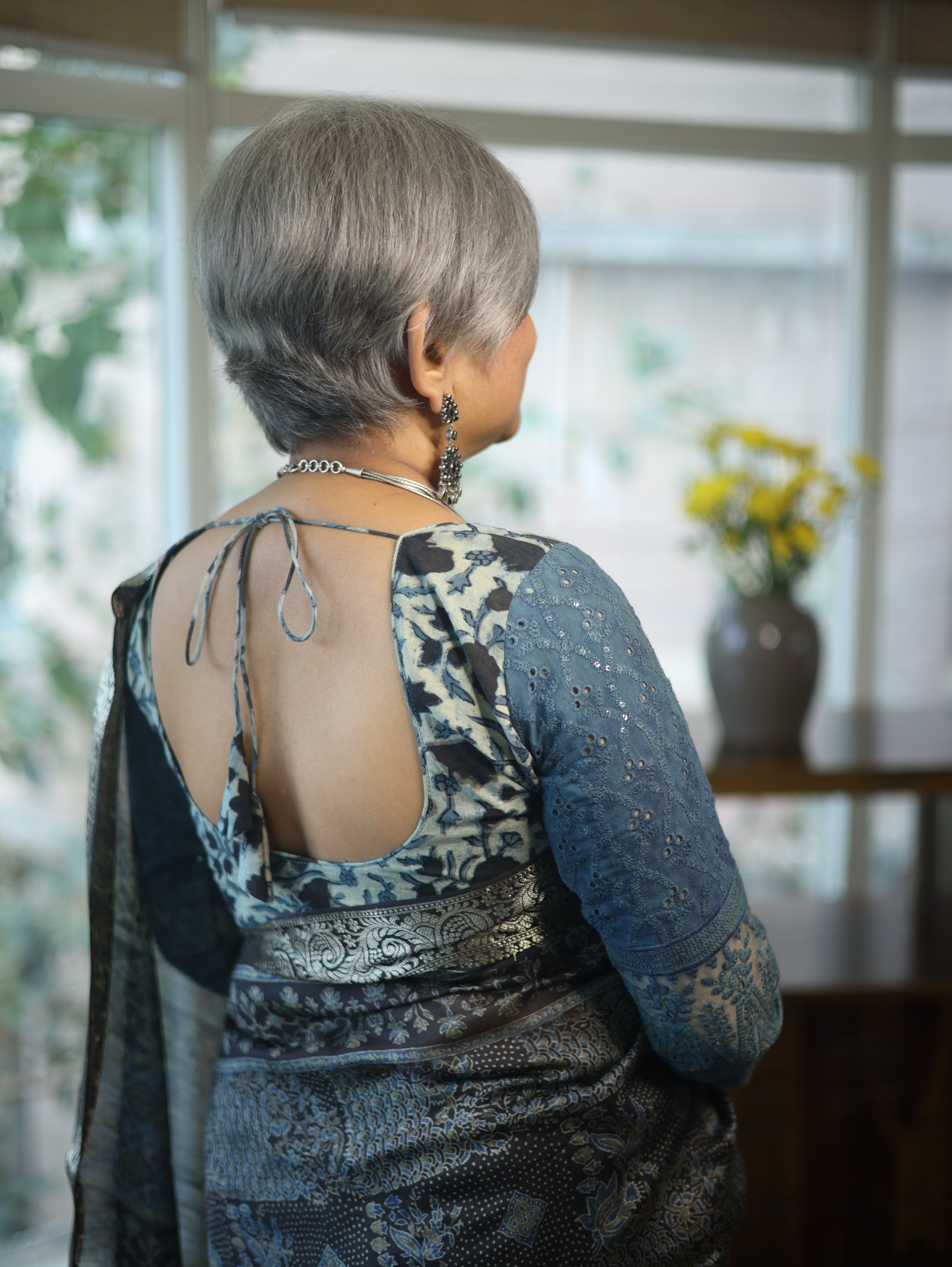 Indigo Full Sleeve Cotton Round-Neck Blouse - SRIRNB05