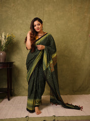 Green Black HBP Cotton Ajrakh Saree - SRGBCAS03