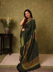 Green Black HBP Cotton Ajrakh Saree - SRGBCAS03