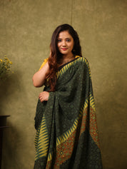 Green Black HBP Cotton Ajrakh Saree - SRGBCAS03
