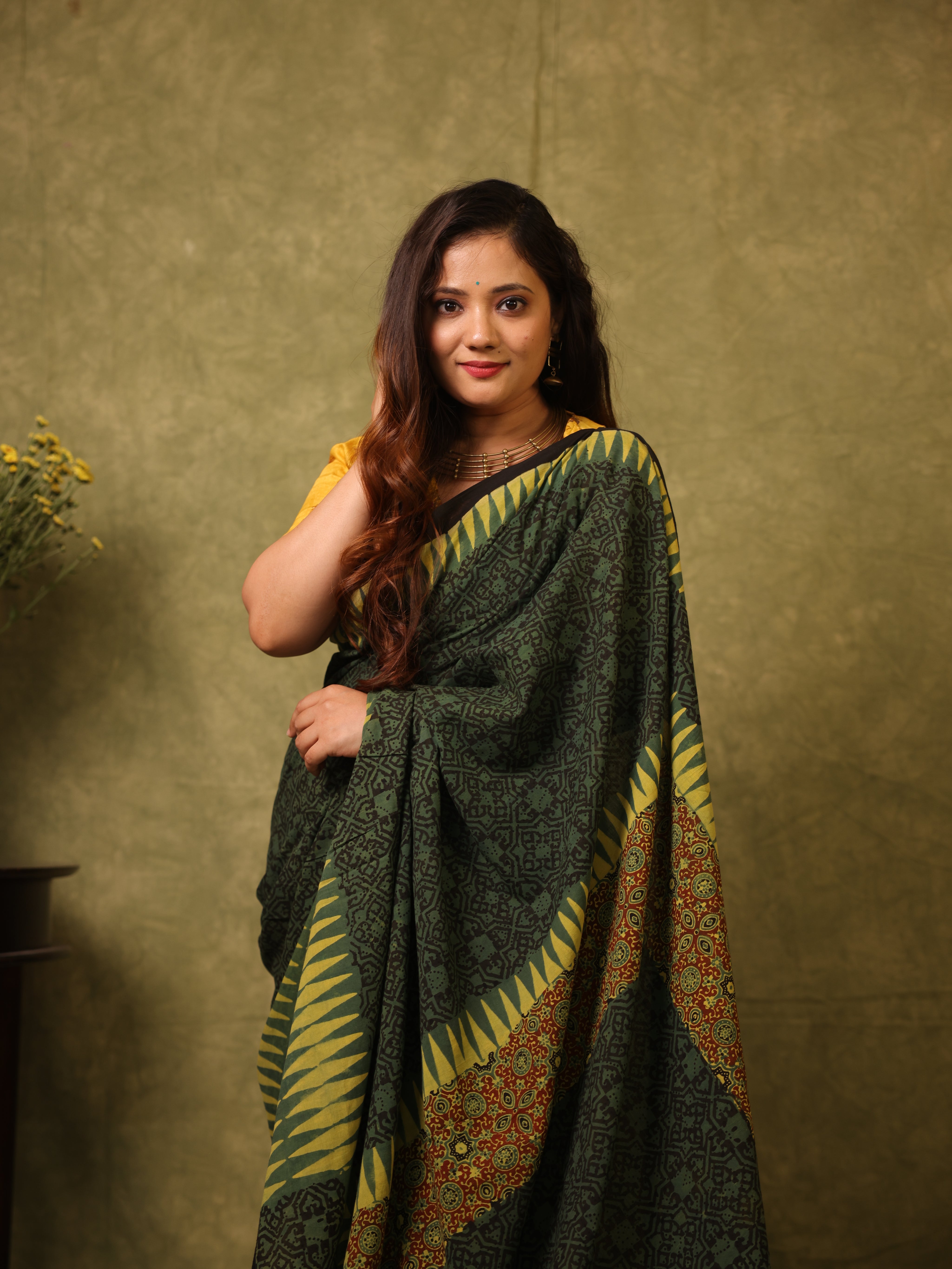 Green Black HBP Cotton Ajrakh Saree - SRGBCAS03