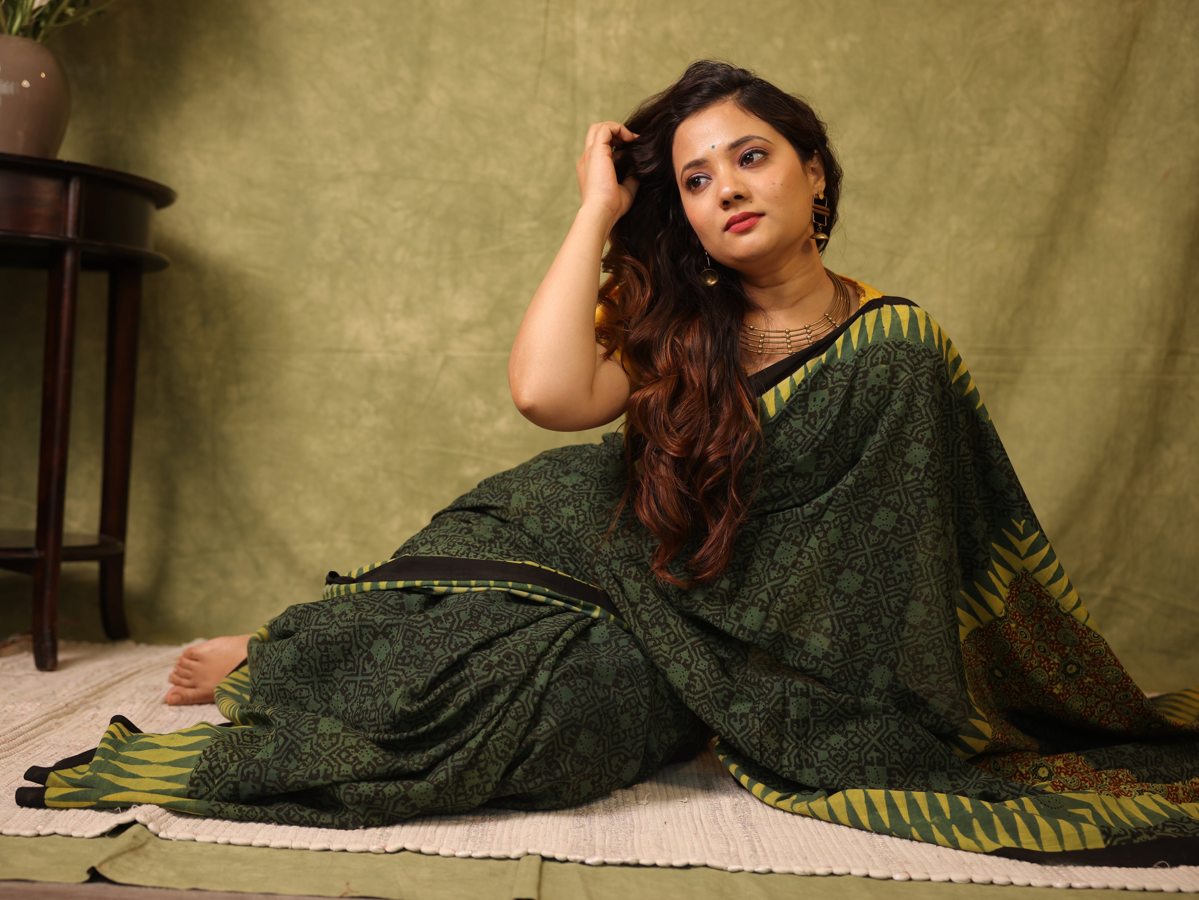 Green Black HBP Cotton Ajrakh Saree - SRGBCAS03