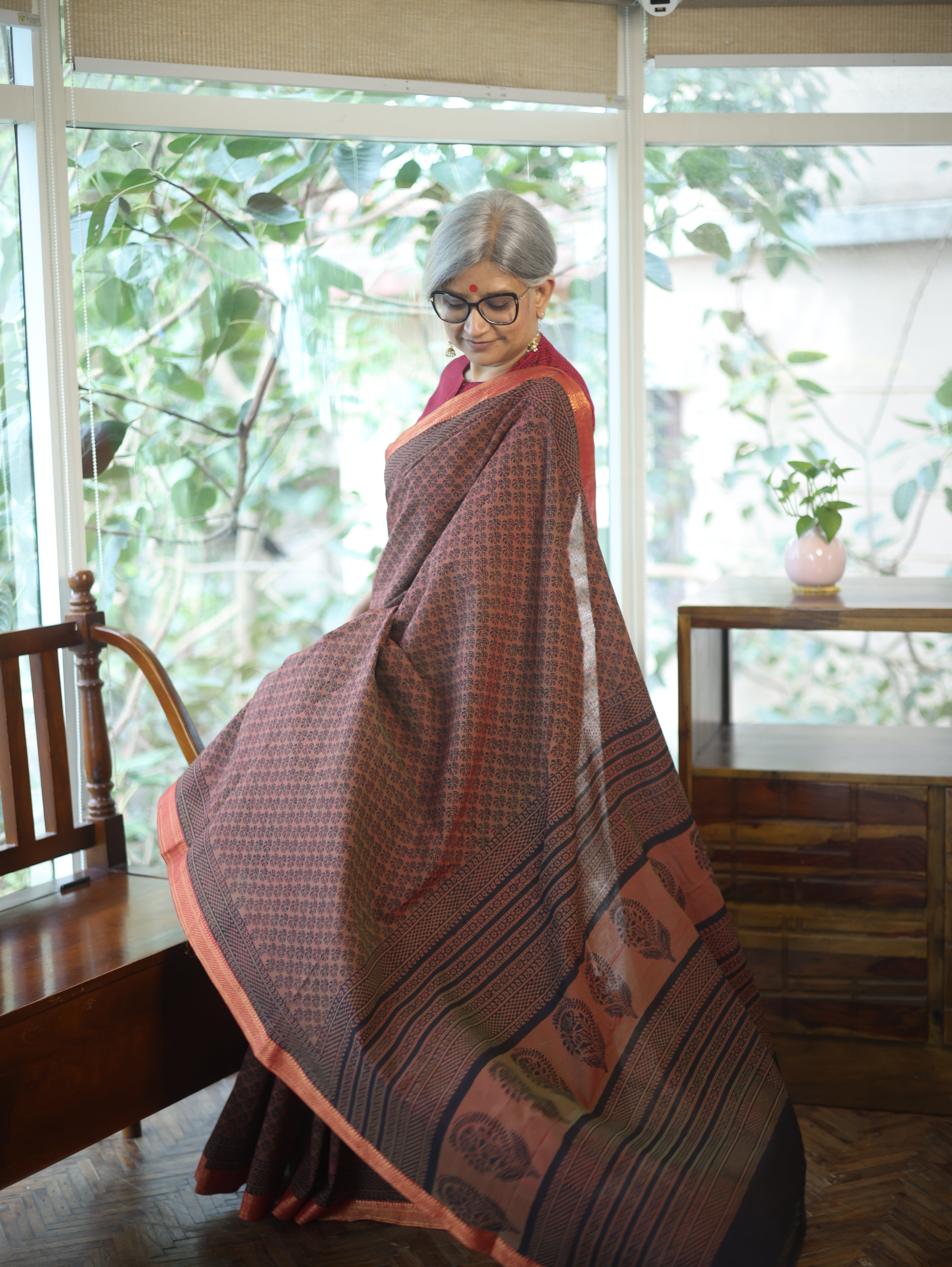 Rust Ajrakh HBP Chanderi Cotton Silk Saree - SRRACS1089