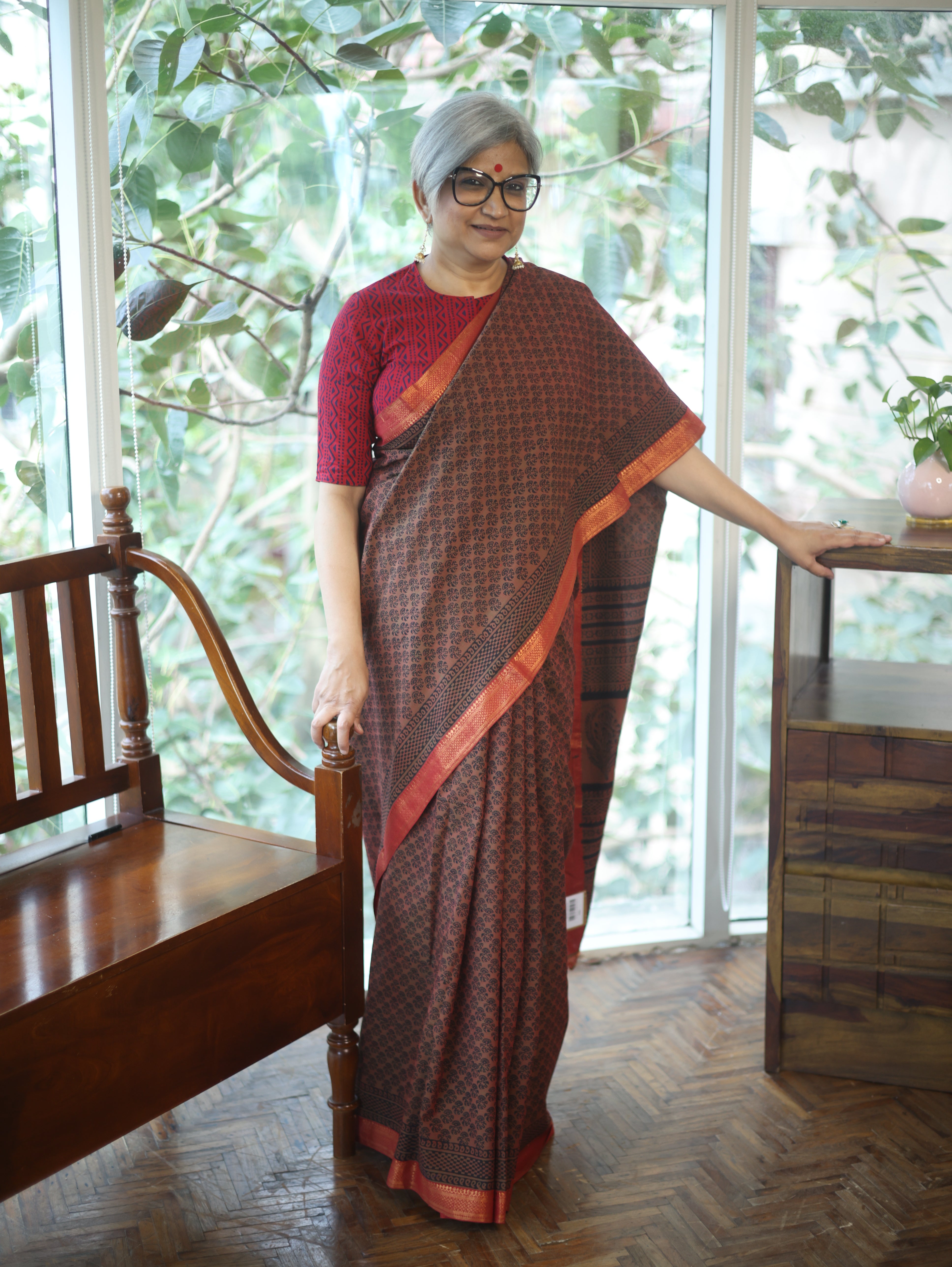 Rust Ajrakh HBP Chanderi Cotton Silk Saree - SRRACS1089