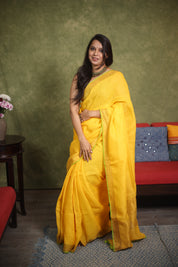 Yellow Plain Linen Saree With Tassels - SRYPLS255
