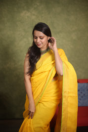 Yellow Plain Linen Saree With Tassels - SRYPLS255
