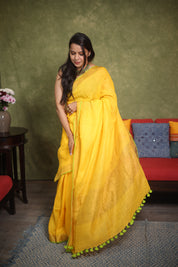 Yellow Plain Linen Saree With Tassels - SRYPLS255