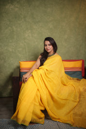 Yellow Plain Linen Saree With Tassels - SRYPLS255