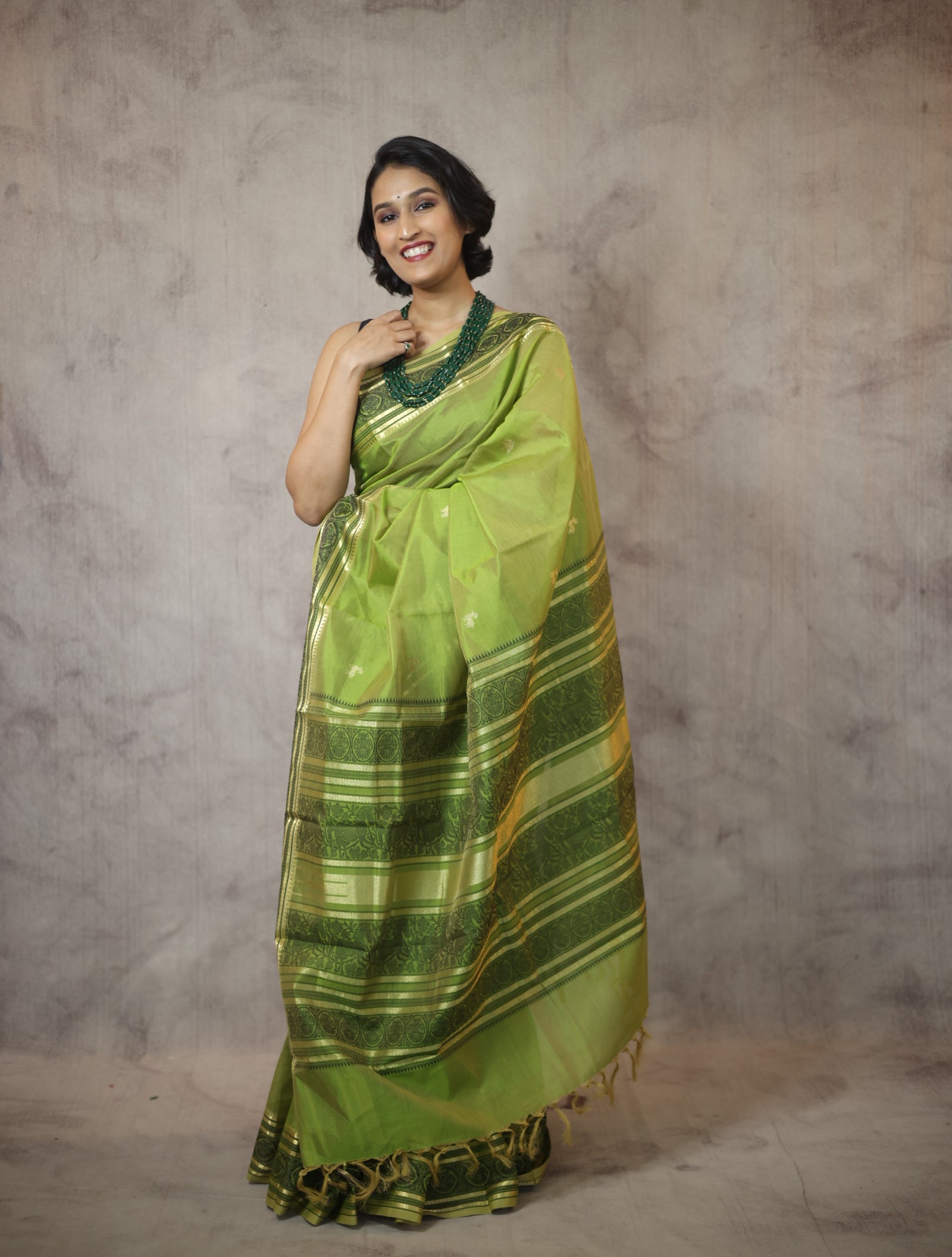 Pastel Green Kanchi Silk Cotton Saree with Jari Border-SRPGKSCS85