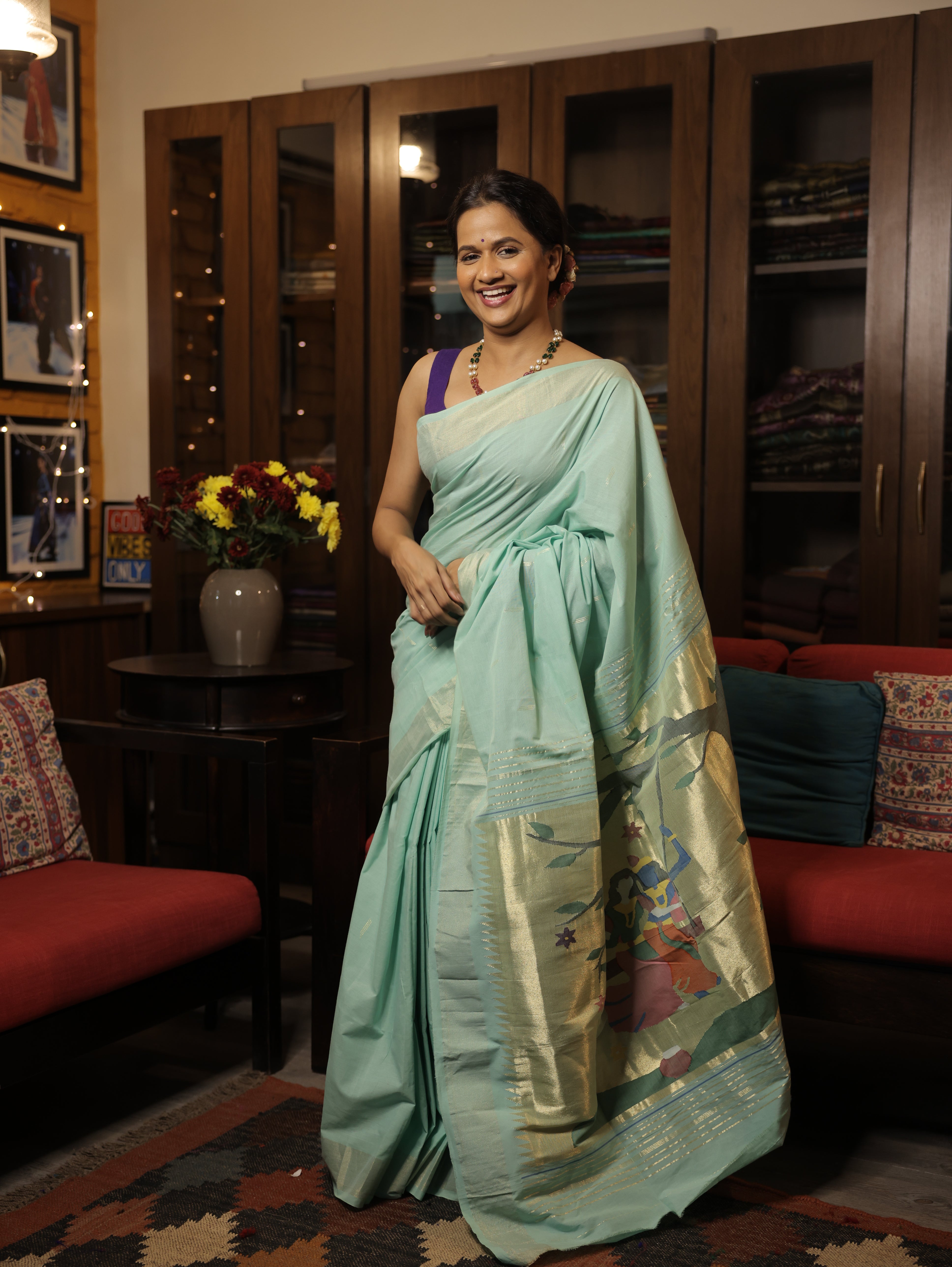 Mint Green Cotton Paithani Saree - SRMGCPS558