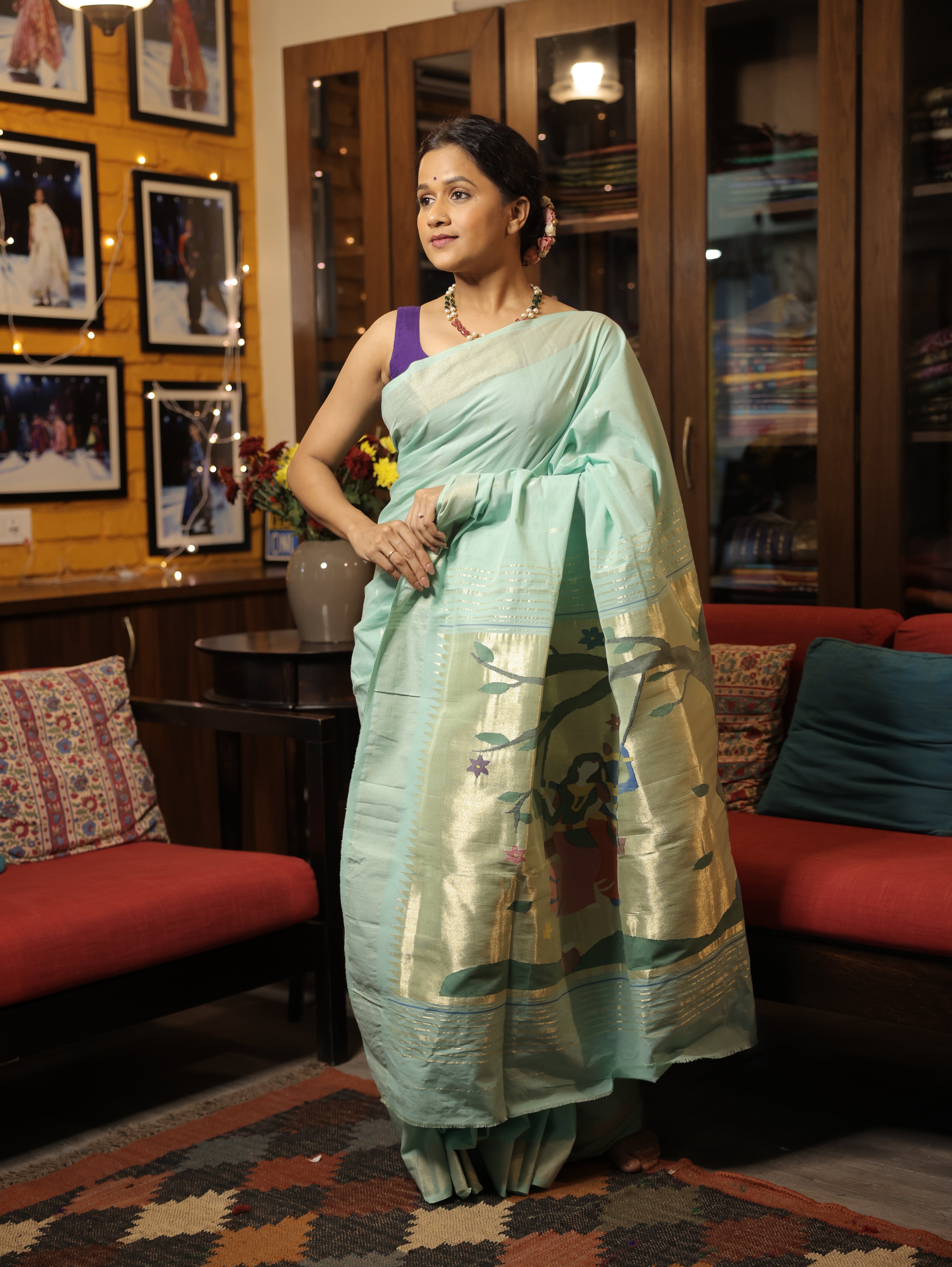 Mint Green Cotton Paithani Saree - SRMGCPS558