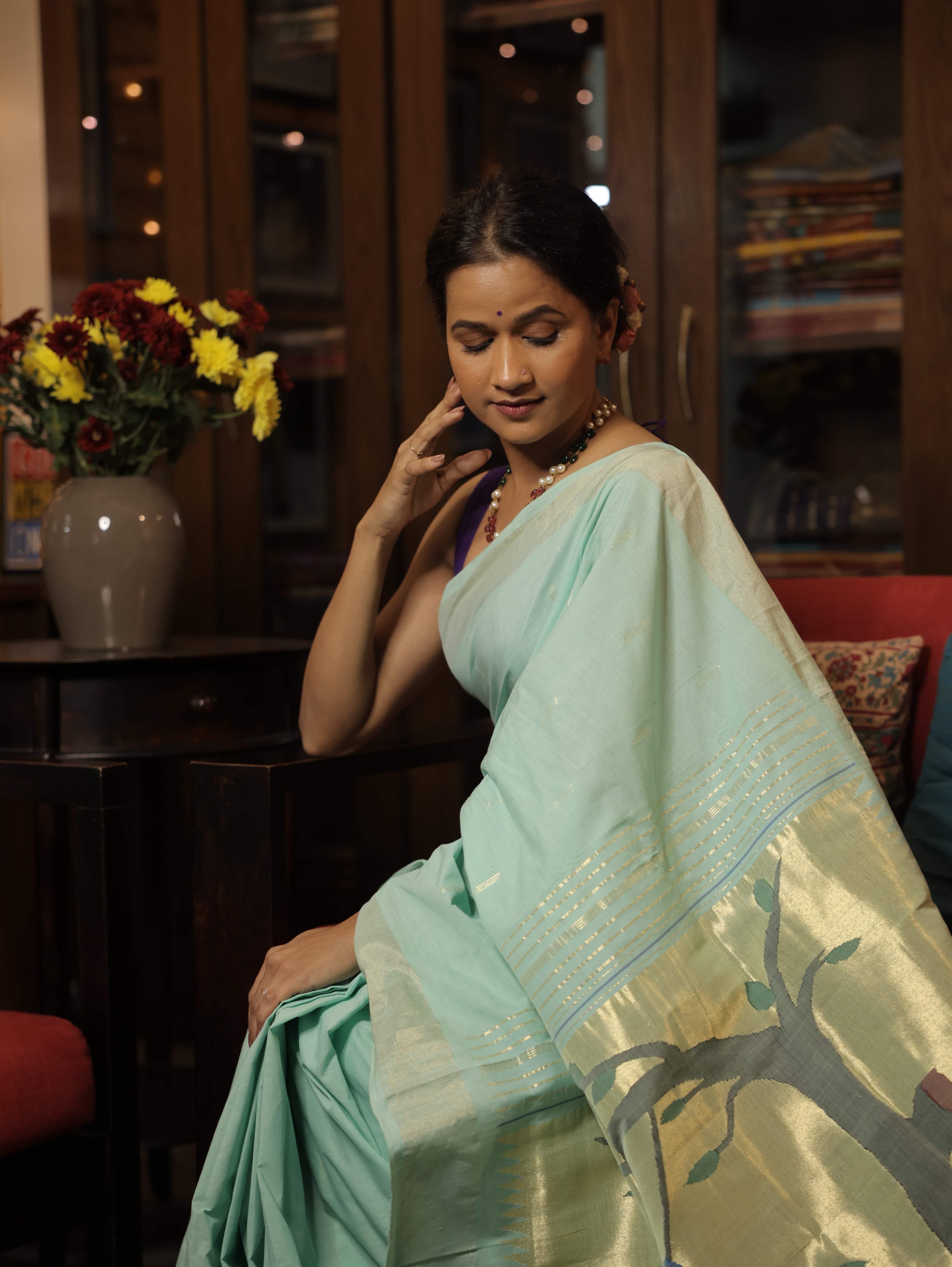 Mint Green Cotton Paithani Saree - SRMGCPS558