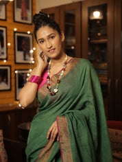 Green Plain Linen Saree With Pink Tassels - SRGPLS292