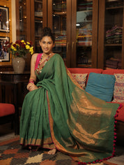 Green Plain Linen Saree With Pink Tassels - SRGPLS292