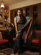 Dark Gray Plain Linen Saree With Green Tassels - SRDGPLS289