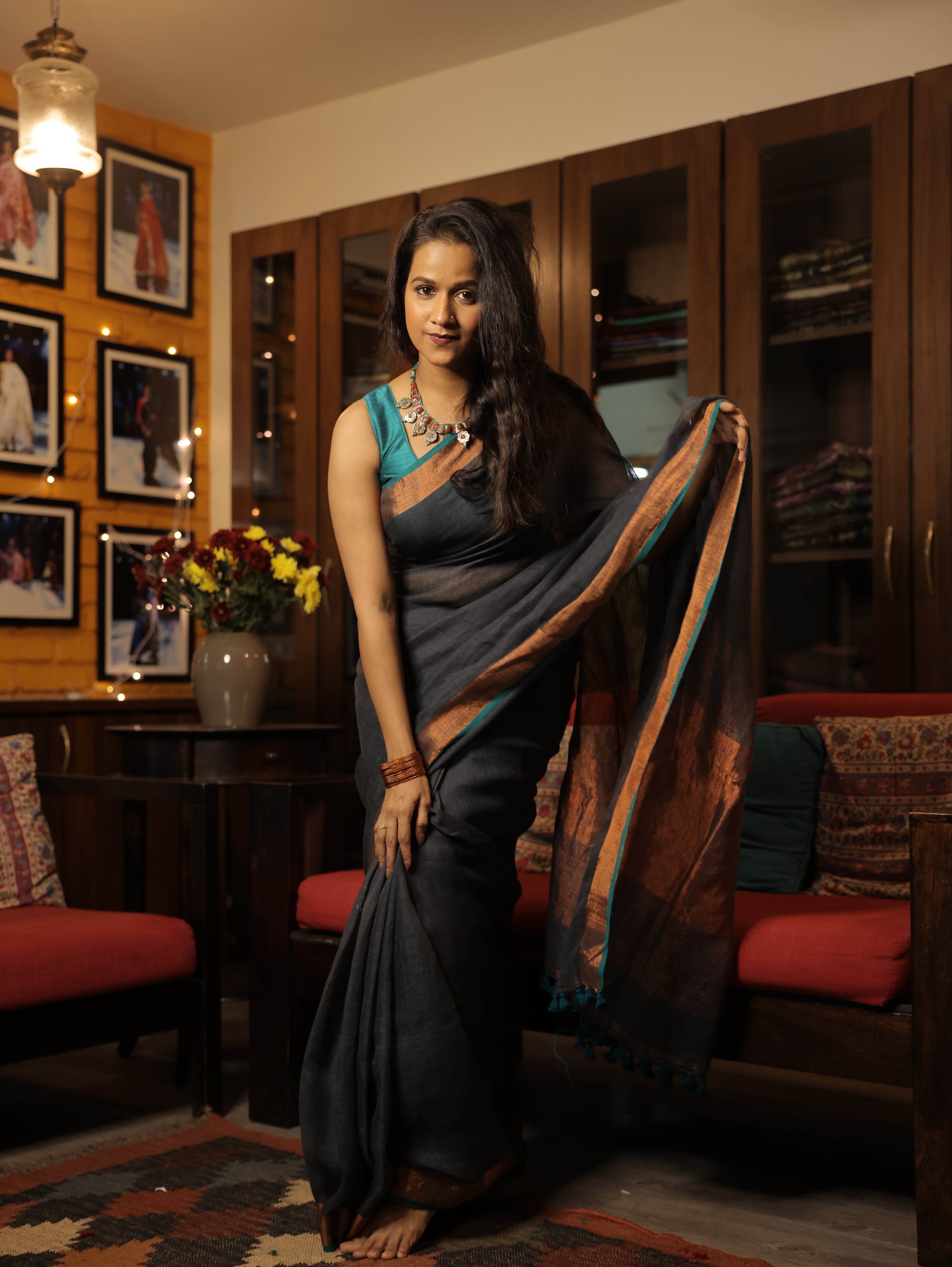Dark Gray Plain Linen Saree With Green Tassels - SRDGPLS289
