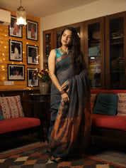 Dark Gray Plain Linen Saree With Green Tassels - SRDGPLS289