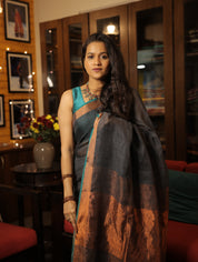 Dark Gray Plain Linen Saree With Green Tassels - SRDGPLS289