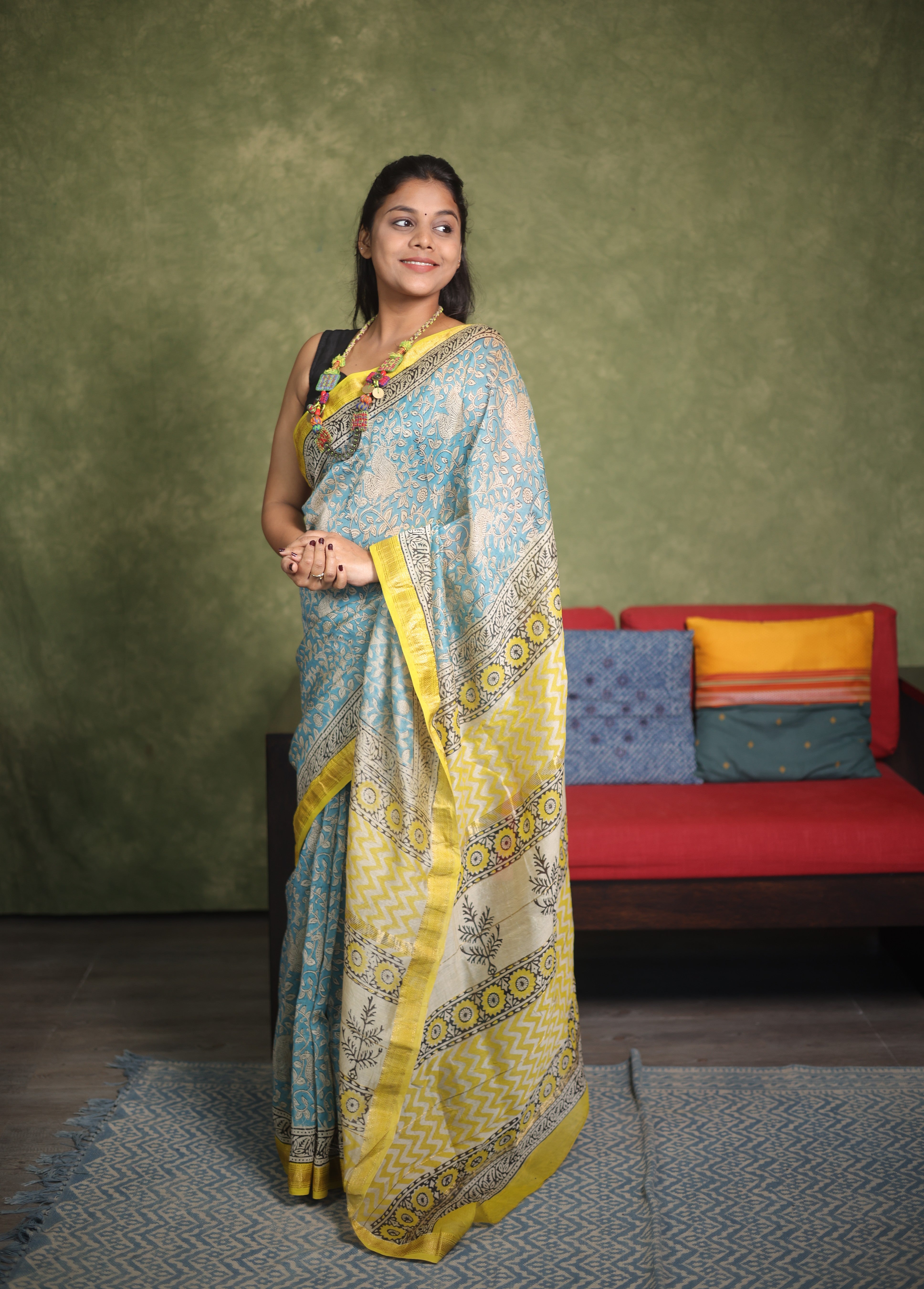 Teal Blue HBP Cotton Silk Saree With Maheshwari Border - SRTBCSS1277