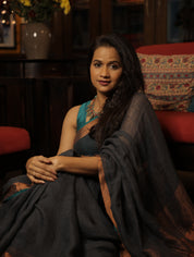 Dark Gray Plain Linen Saree With Green Tassels - SRDGPLS289