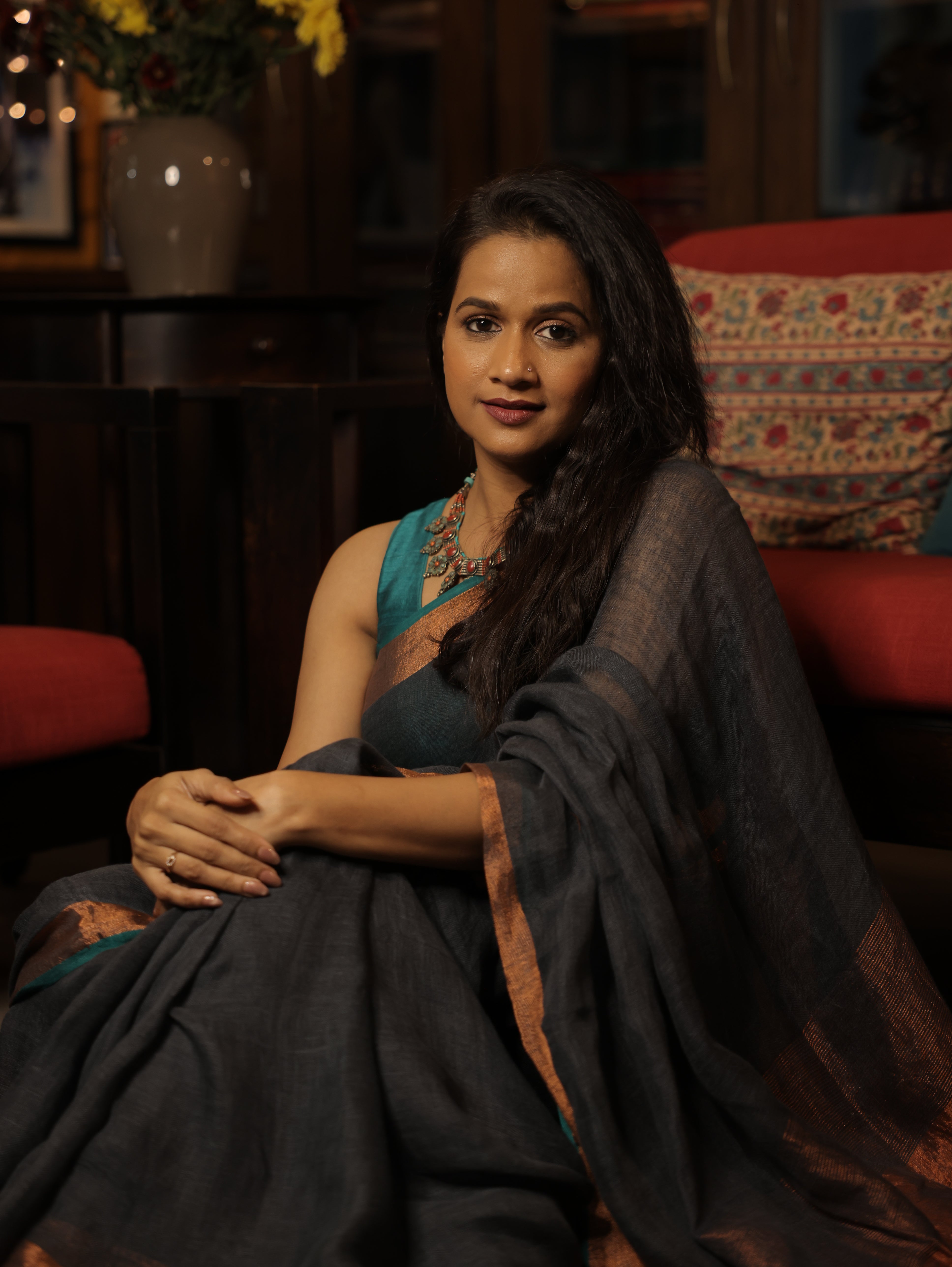 Dark Gray Plain Linen Saree With Green Tassels - SRDGPLS289