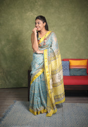 Teal Blue HBP Cotton Silk Saree With Maheshwari Border - SRTBCSS1277