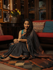 Dark Gray Plain Linen Saree With Green Tassels - SRDGPLS289