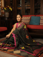 Moss Green Linen Jamdani Saree With Tassels - SRMGLJS351