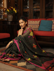 Moss Green Linen Jamdani Saree With Tassels - SRMGLJS351