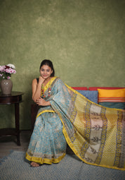 Teal Blue HBP Cotton Silk Saree With Maheshwari Border - SRTBCSS1277