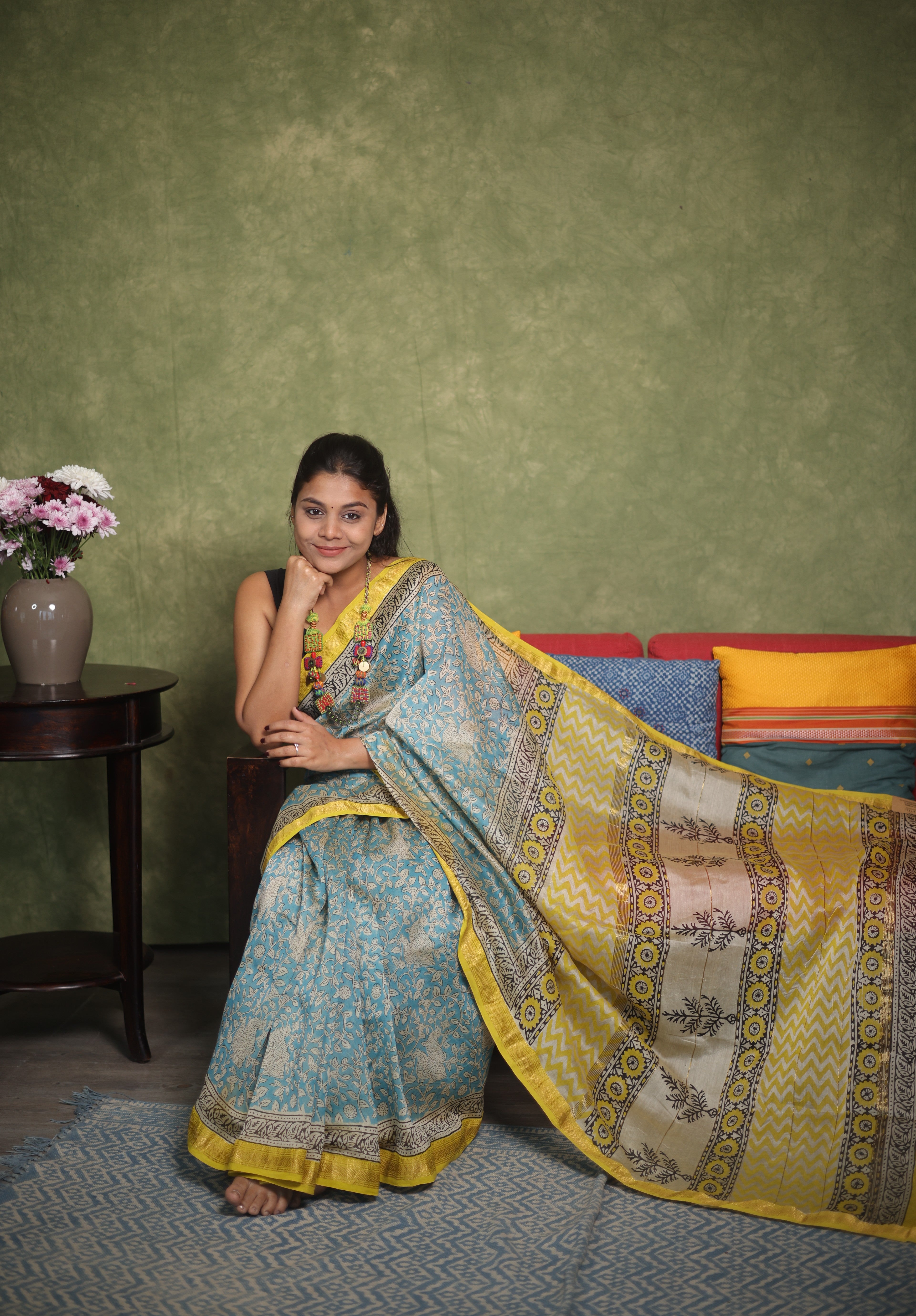 Teal Blue HBP Cotton Silk Saree With Maheshwari Border - SRTBCSS1277