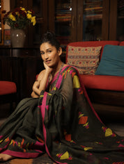 Moss Green Linen Jamdani Saree With Tassels - SRMGLJS351