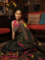 Moss Green Linen Jamdani Saree With Tassels - SRMGLJS351