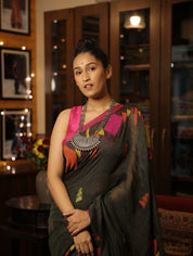 Moss Green Linen Jamdani Saree With Tassels - SRMGLJS351