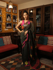 Moss Green Linen Jamdani Saree With Tassels - SRMGLJS351