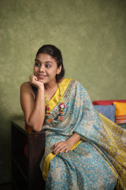 Teal Blue HBP Cotton Silk Saree With Maheshwari Border - SRTBCSS1277