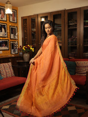 Peach  Plain Linen Saree With Tassels - SRPPLS281