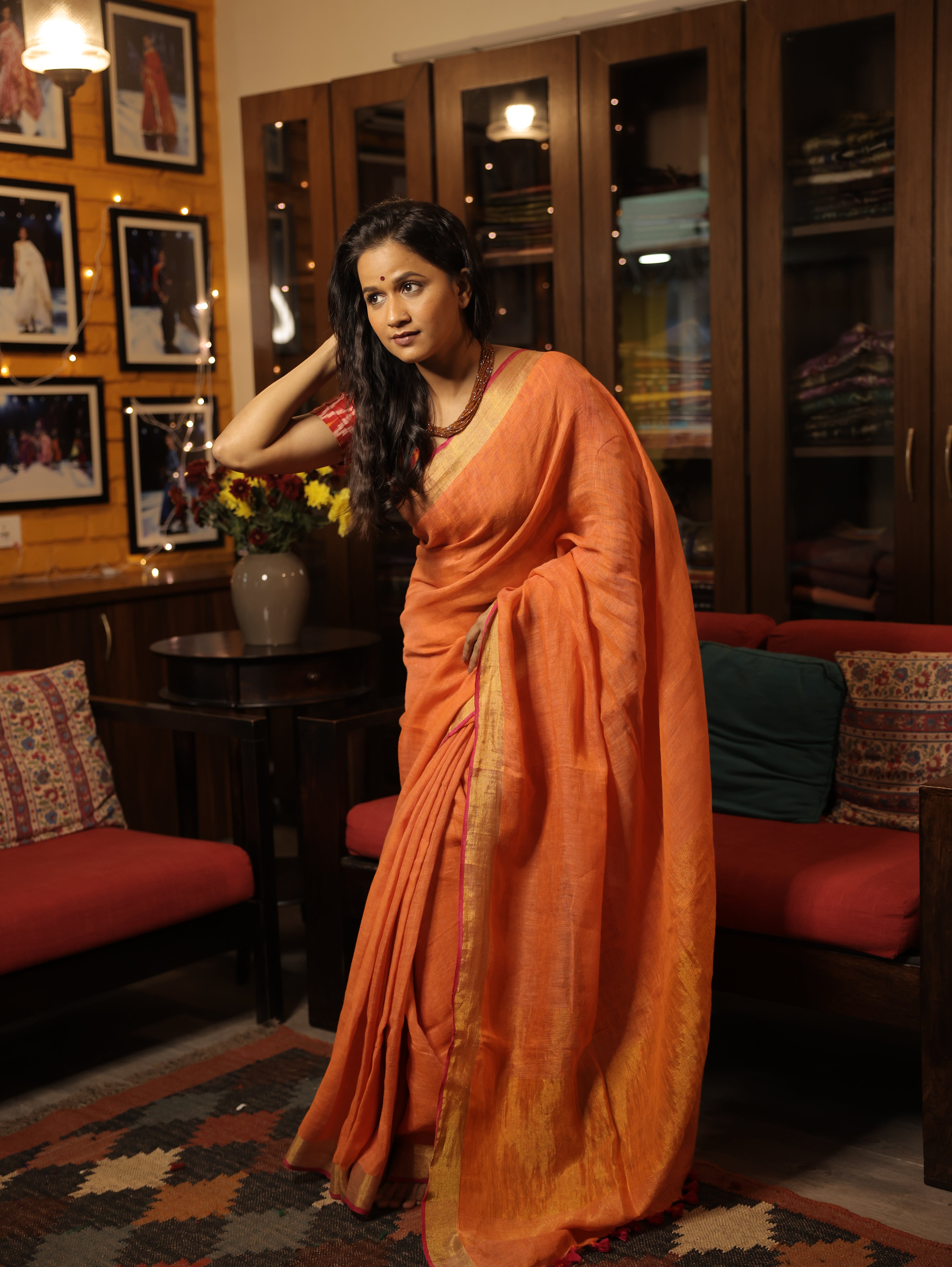 Peach  Plain Linen Saree With Tassels - SRPPLS281