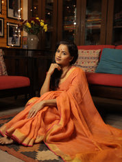 Peach  Plain Linen Saree With Tassels - SRPPLS281