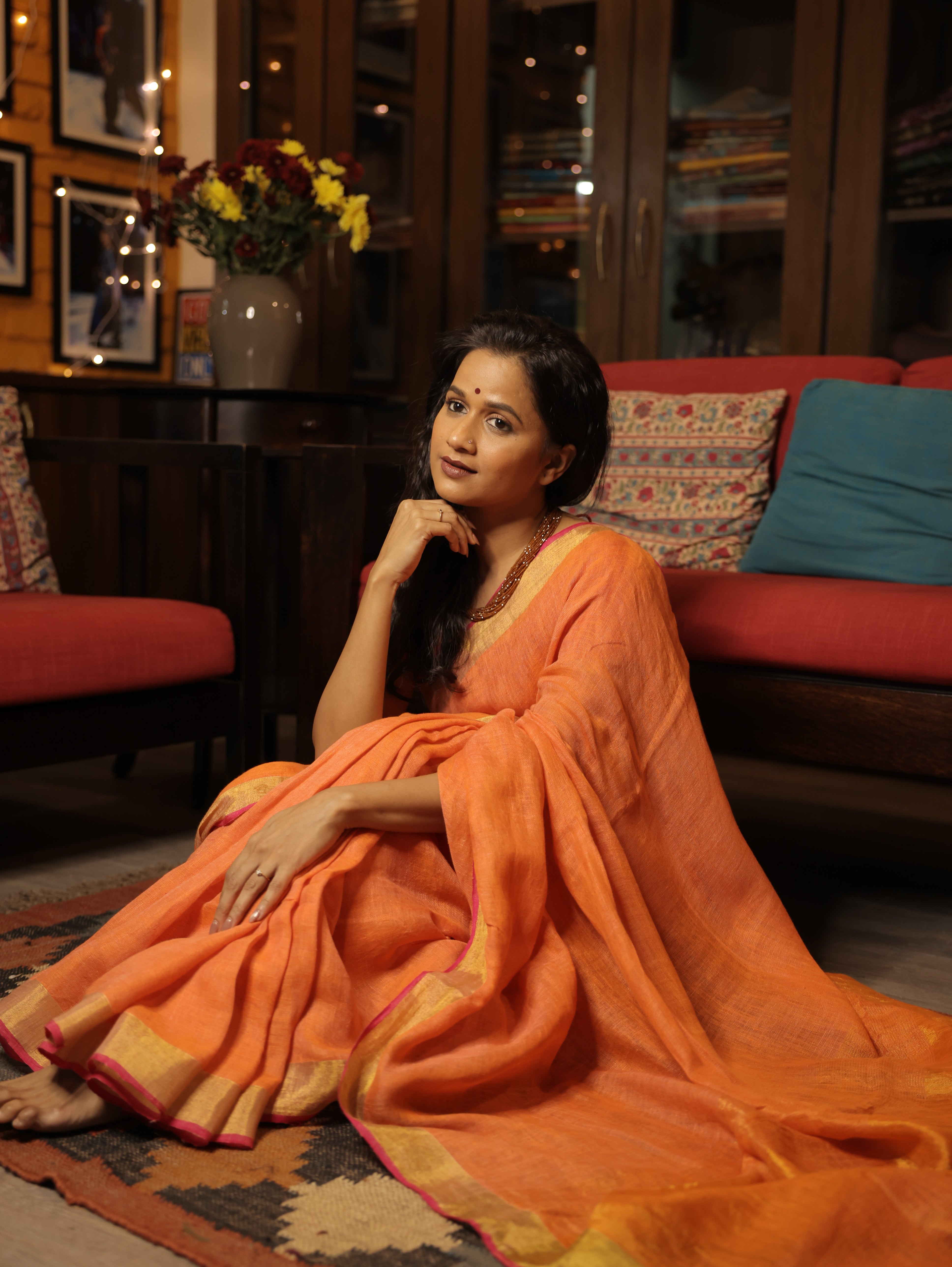 Peach  Plain Linen Saree With Tassels - SRPPLS281