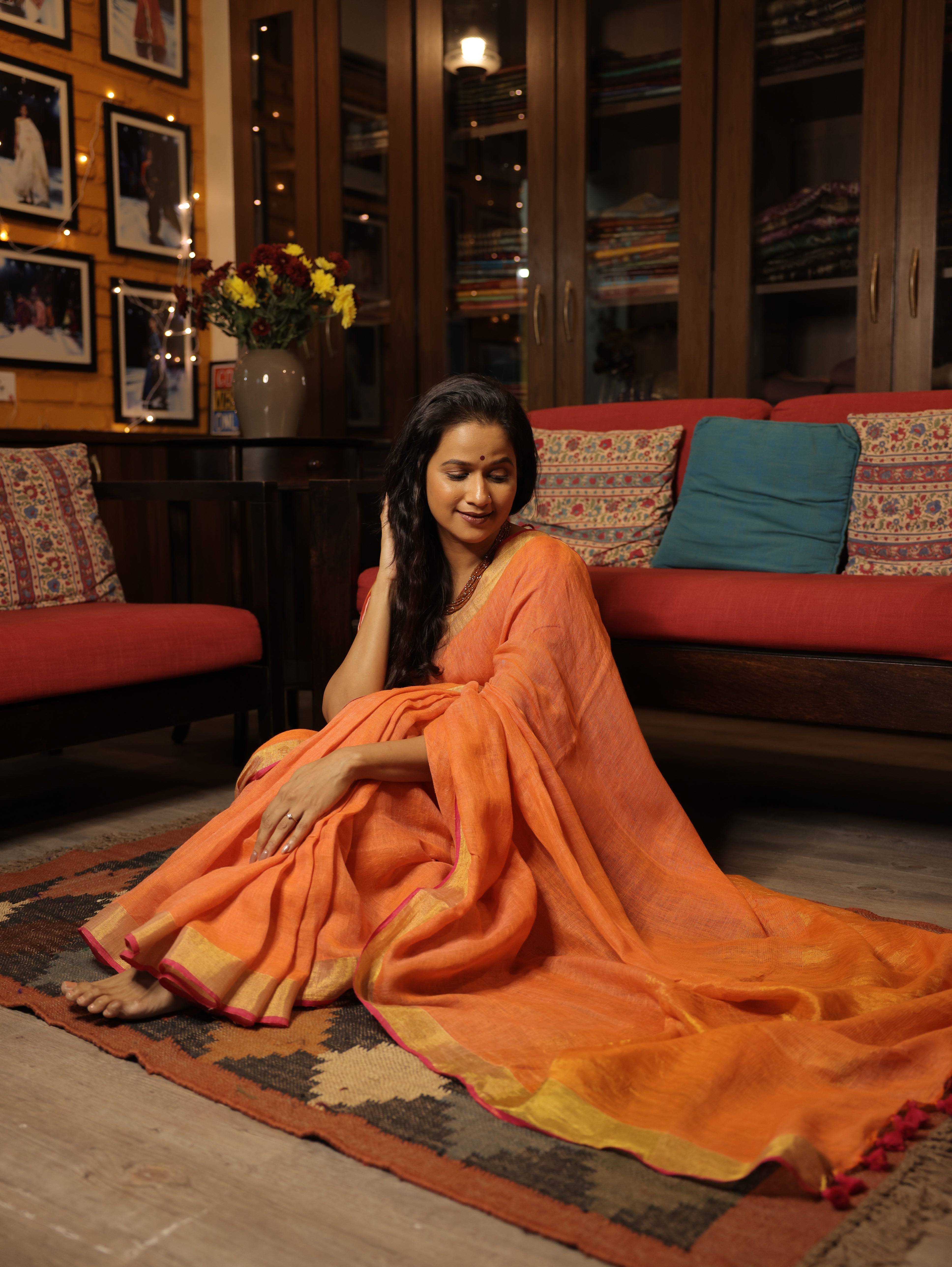 Peach  Plain Linen Saree With Tassels - SRPPLS281