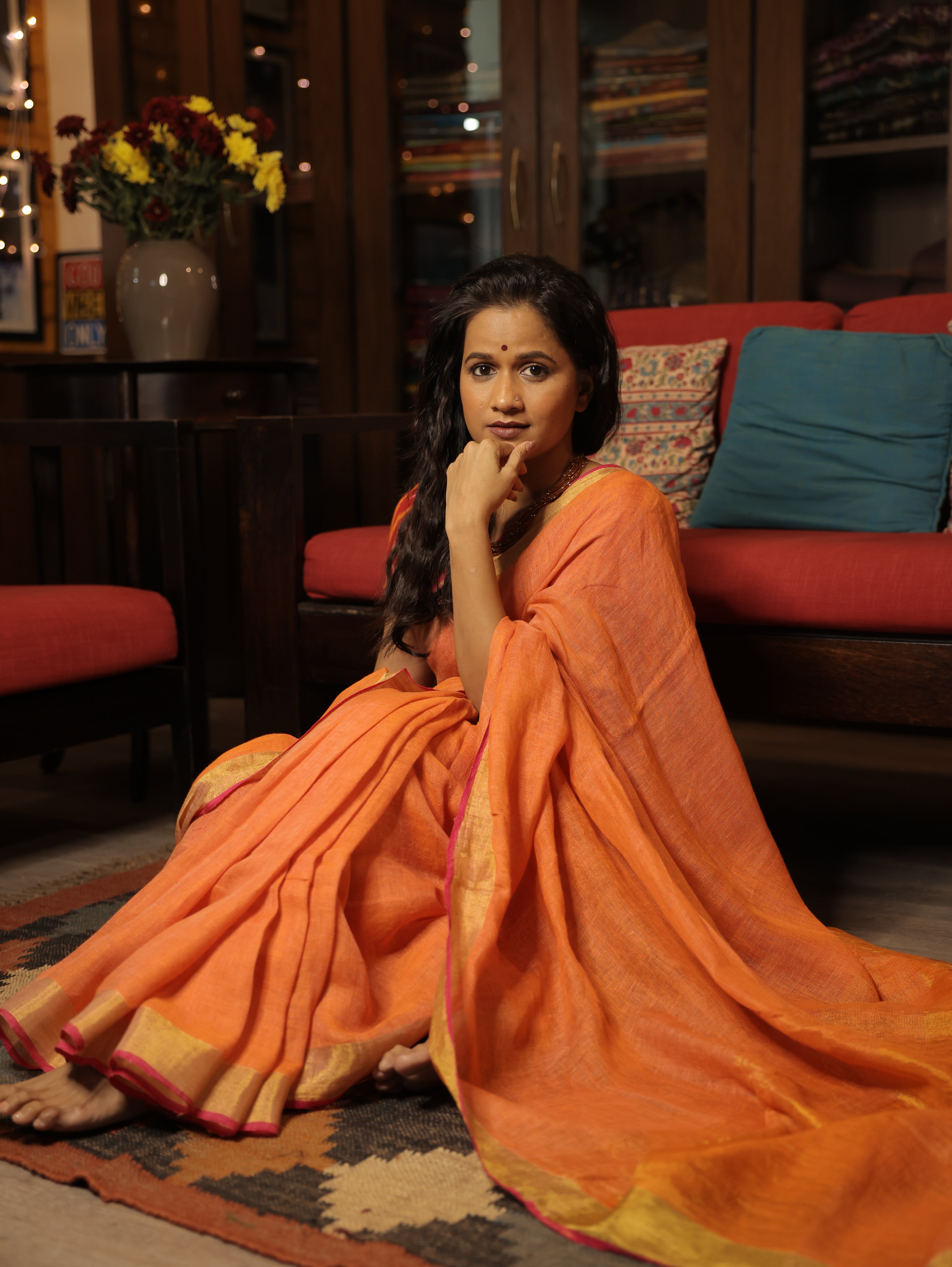 Peach  Plain Linen Saree With Tassels - SRPPLS281