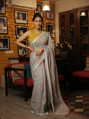 Blueish Grey Linen Jamdani Saree With Tassels -  SRBGLS364