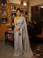 Blueish Grey Linen Jamdani Saree With Tassels -  SRBGLS364