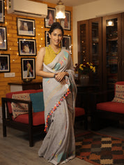 Blueish Grey Linen Jamdani Saree With Tassels -  SRBGLS364