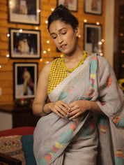 Blueish Grey Linen Jamdani Saree With Tassels -  SRBGLS364