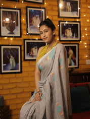 Blueish Grey Linen Jamdani Saree With Tassels -  SRBGLS364