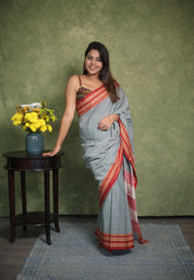 Grey Plain Cotton Patteda Anchu Saree - SRGPAS279