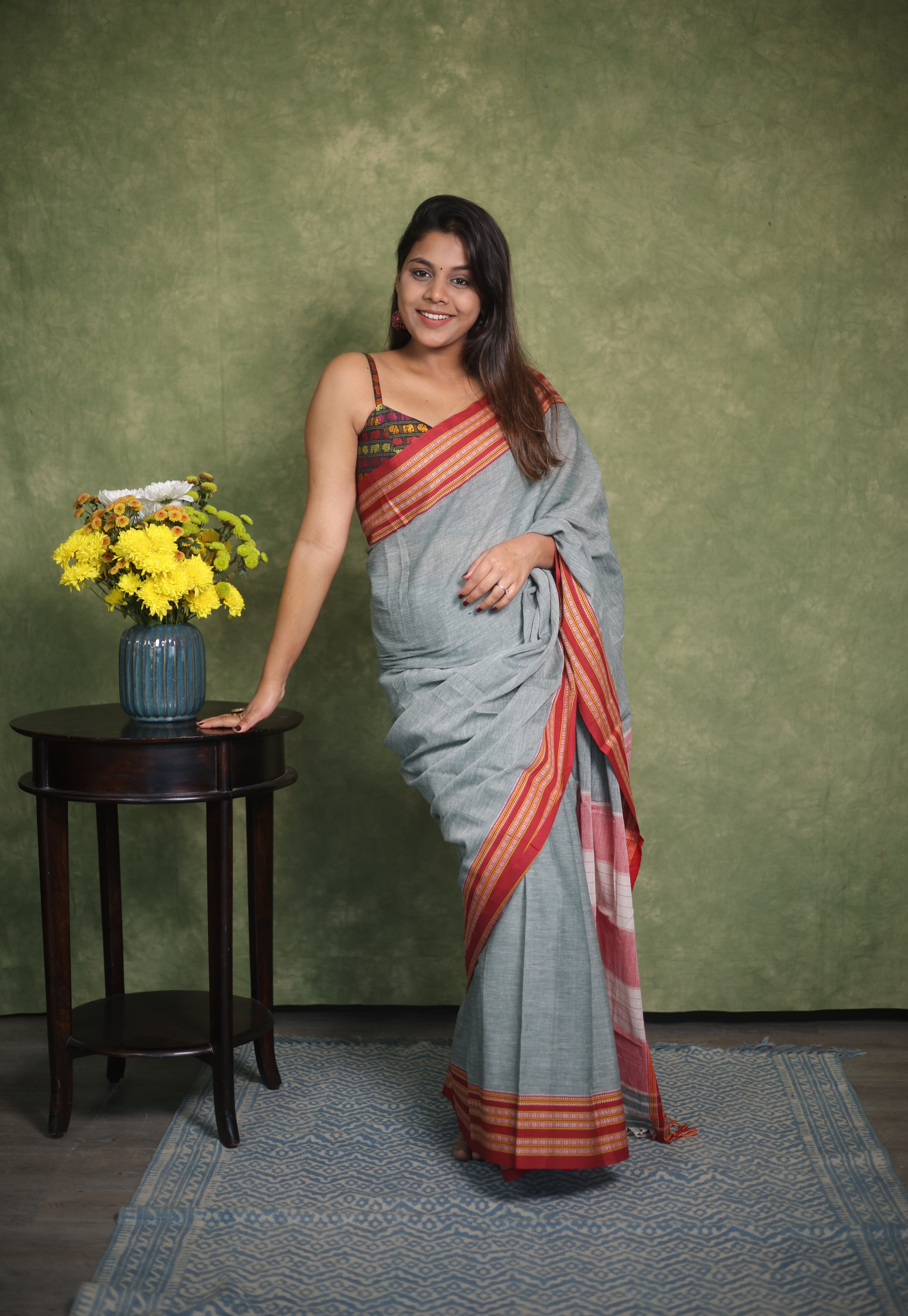 Grey Plain Cotton Patteda Anchu Saree - SRGPAS279