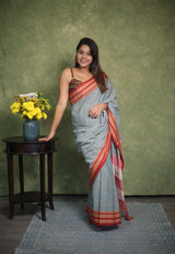 Grey Plain Cotton Patteda Anchu Saree - SRGPAS279